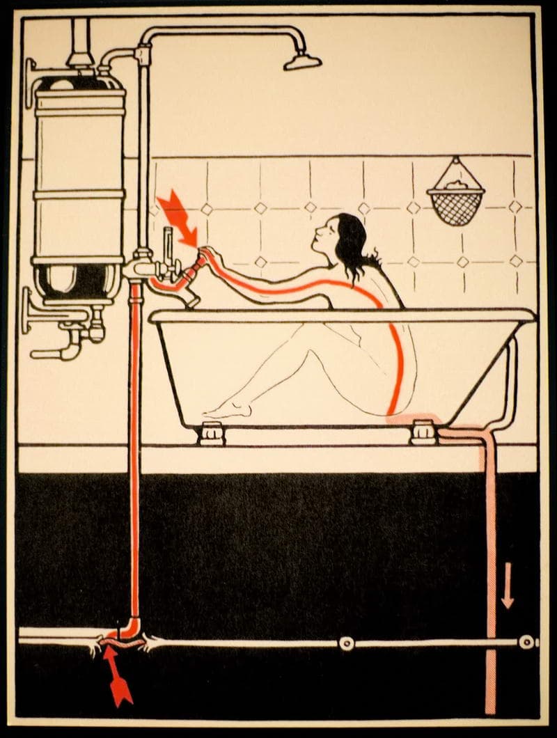 Ретро-иллюстрация опасности поражения электрическим током от неисправного водонагревателя — УЗО предотвращает такие ситуации